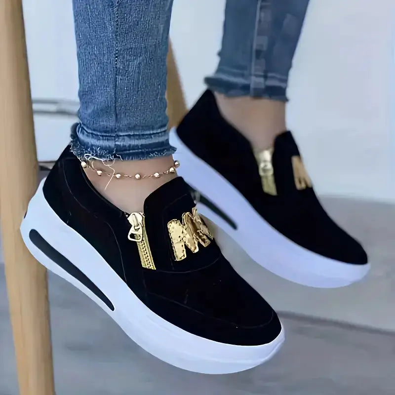 Women'S Zipper Slip-On Sneakers - Red & Golden Accent Casual Shoes, Low-Top Everyday Shoes